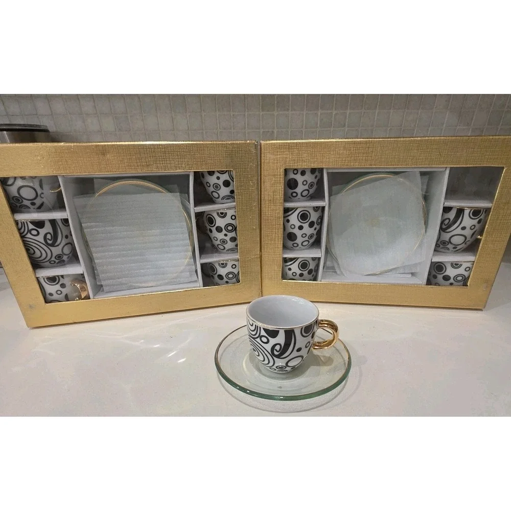 NEW 6 Alpine Demitasse Modern Porcelien Glass Gold Trim ESPRESSO  Turkish Coffee